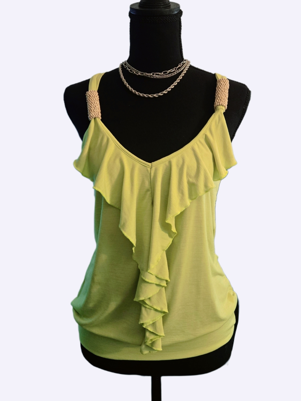 Y2k Light Green Ruffle Tank Top with Beaded Straps!